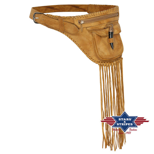 Rindsleder Hüfttasche mit Fransen, Hüfttasche, Reitertasche - beige
