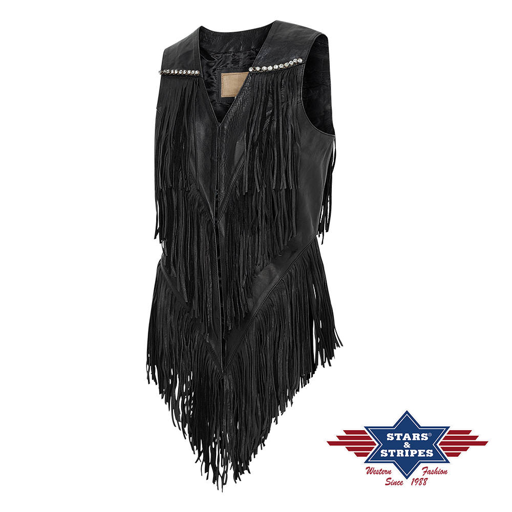 Fransenweste, Lederweste, Damenweste, Rindsleder - schwarz