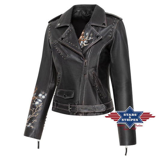 Damen Lederjacke, Fransenjacke Mabel, mit Stickerei, schwarz