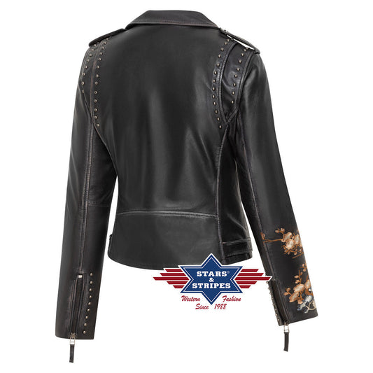 Damen Lederjacke, Fransenjacke Mabel, mit Stickerei, schwarz