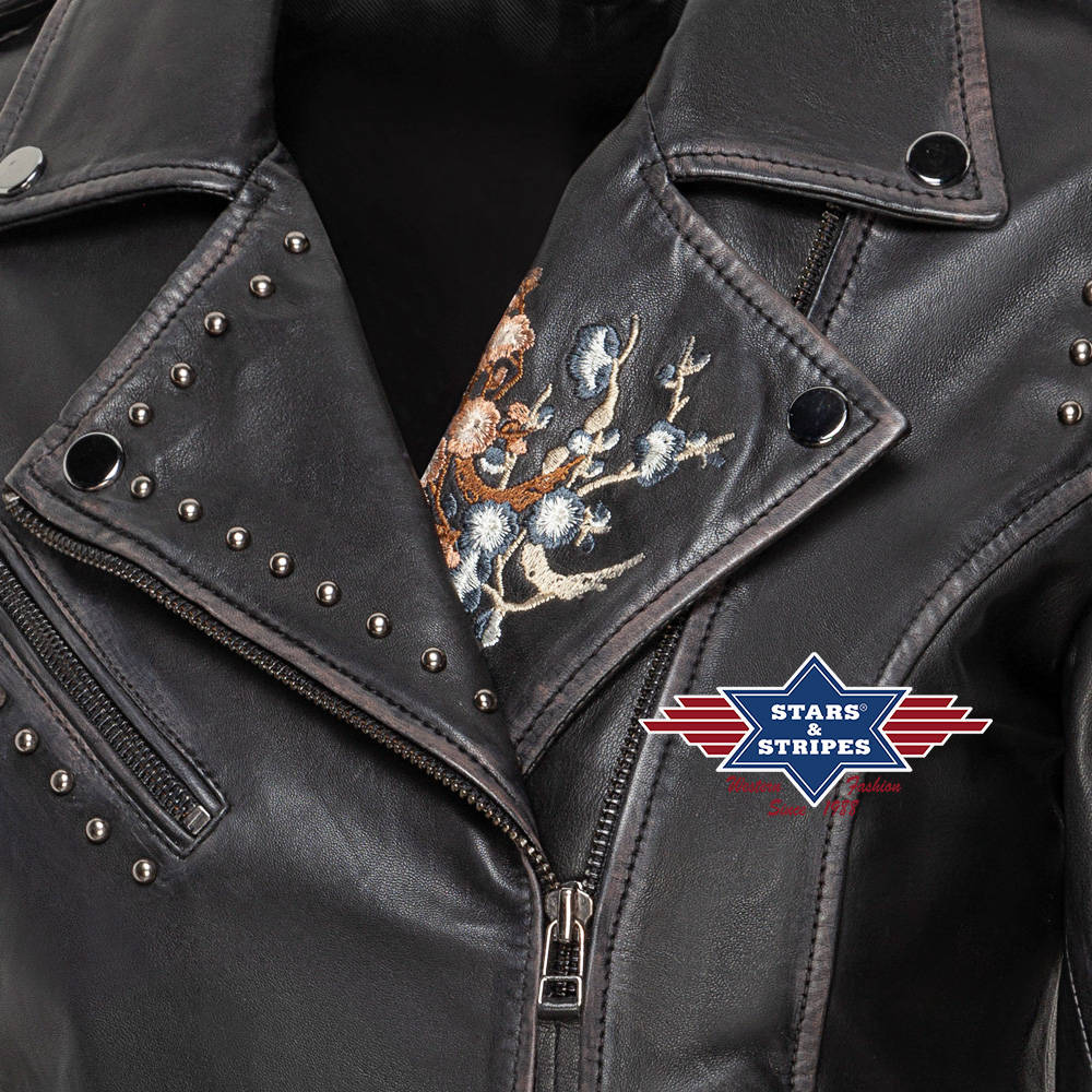 Damen Lederjacke, Fransenjacke Mabel, mit Stickerei, schwarz