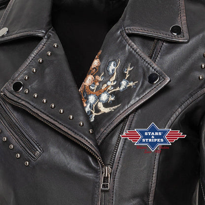 Damen Lederjacke, Fransenjacke Mabel, mit Stickerei, schwarz