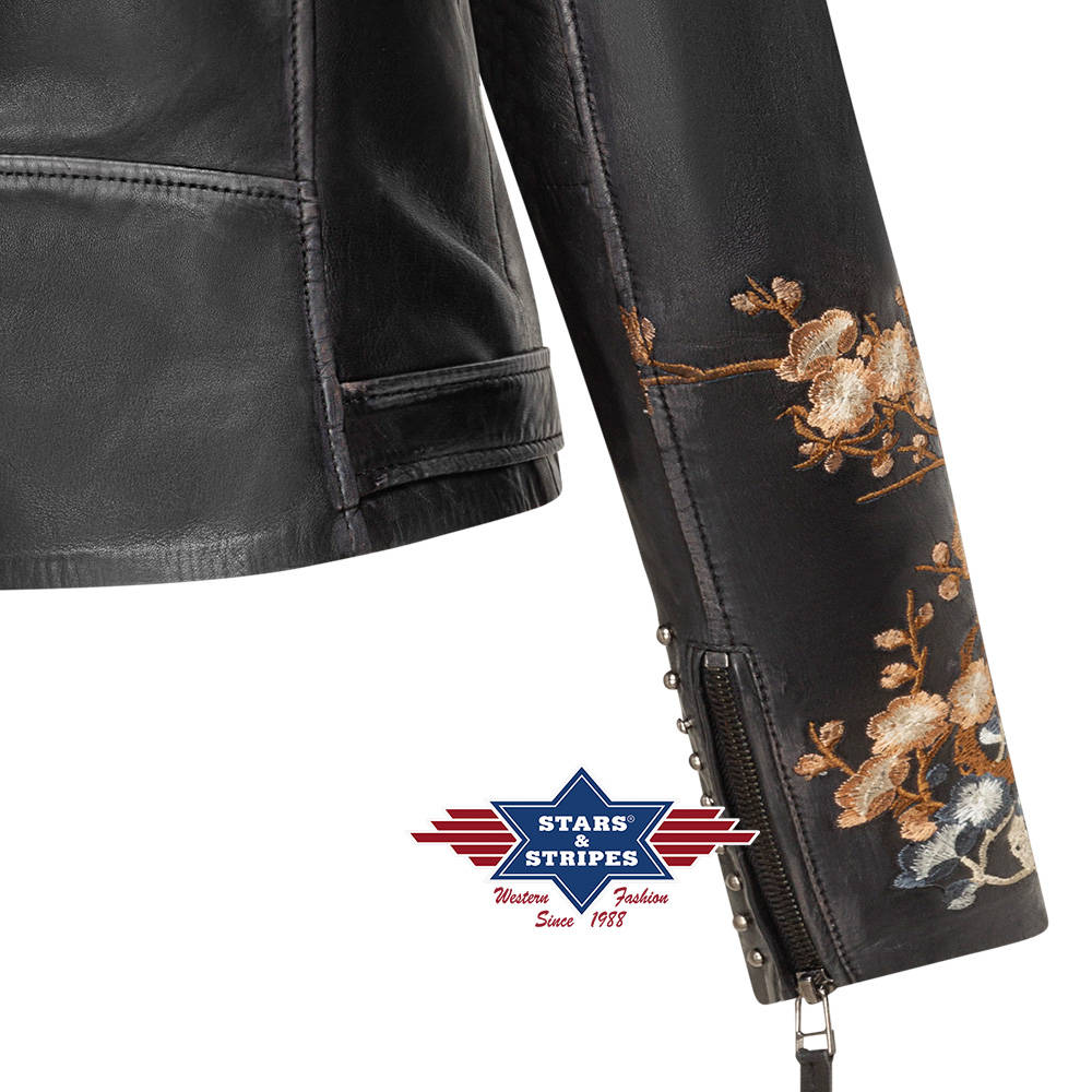 Damen Lederjacke, Fransenjacke Mabel, mit Stickerei, schwarz