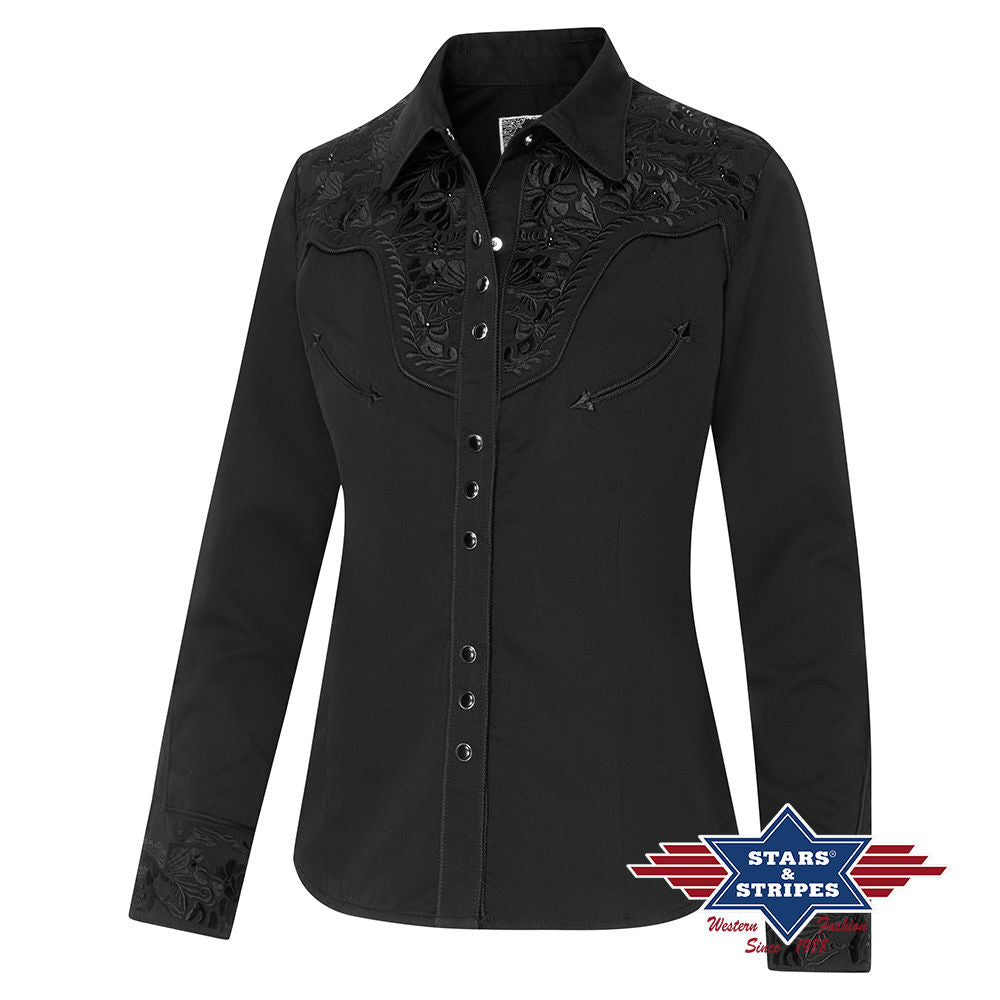 Elegante Schwarze Westernbluse mit Stickerei und Strasssteinen