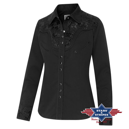 Elegante Schwarze Westernbluse mit Stickerei und Strasssteinen