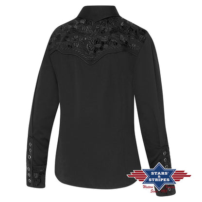 Elegante Schwarze Westernbluse mit Stickerei und Strasssteinen