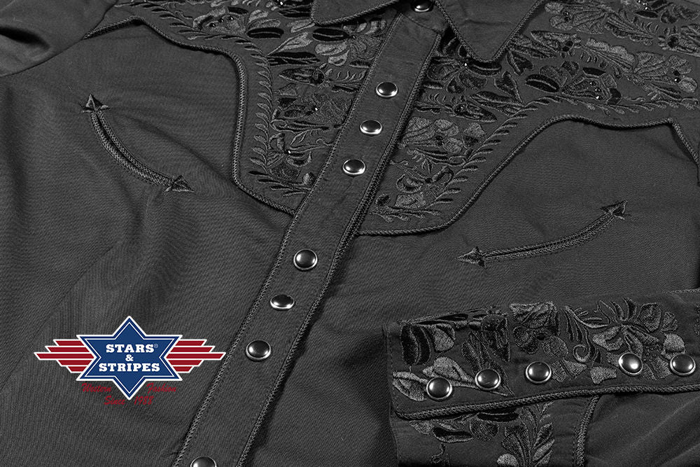 Elegante Schwarze Westernbluse mit Stickerei und Strasssteinen