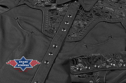 Elegante Schwarze Westernbluse mit Stickerei und Strasssteinen