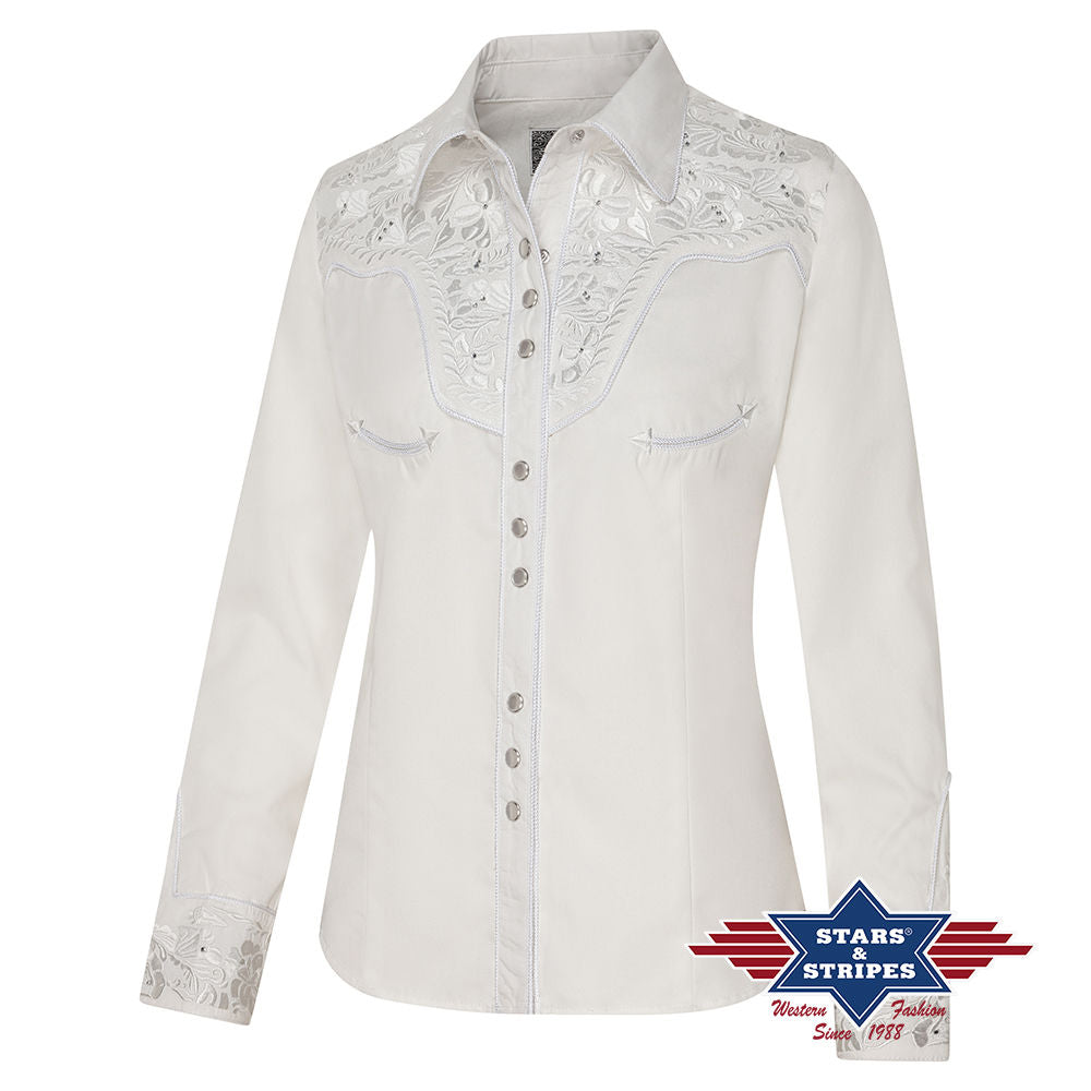 Edle Weiße Westernbluse mit Stickerei und Strasssteinen
