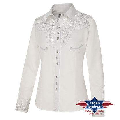 Edle Weiße Westernbluse mit Stickerei und Strasssteinen