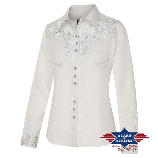 Edle Weiße Westernbluse mit Stickerei und Strasssteinen