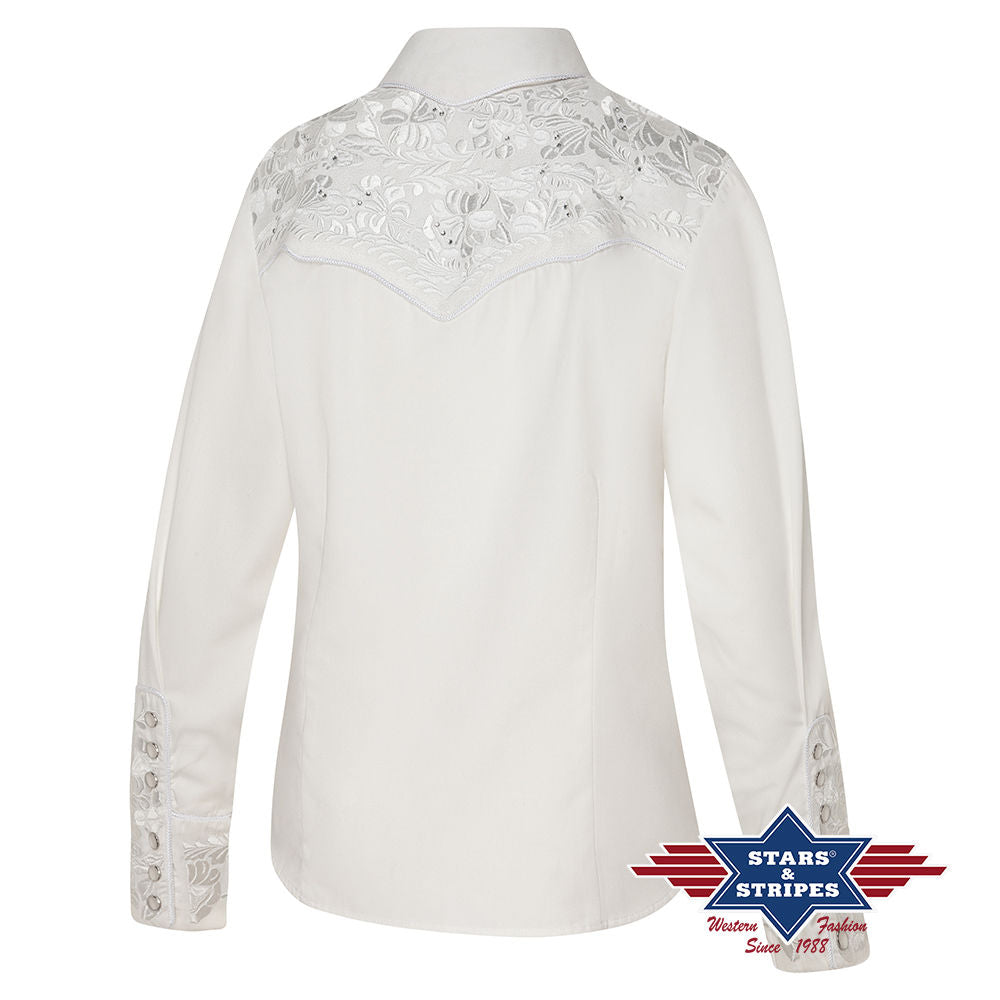 Edle Weiße Westernbluse mit Stickerei und Strasssteinen