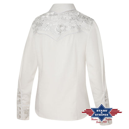 Edle Weiße Westernbluse mit Stickerei und Strasssteinen