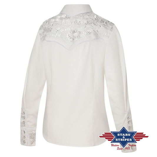 Edle Weiße Westernbluse mit Stickerei und Strasssteinen