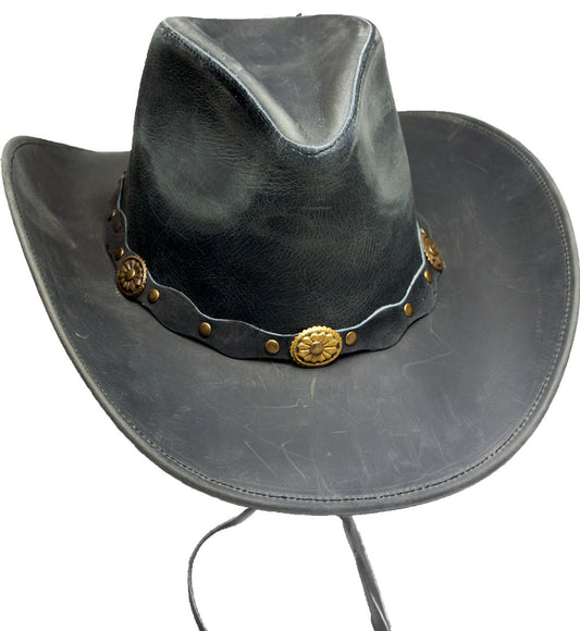 Lederhut mit Kinnband in Antikschwarz, Lederhutband mit Concho