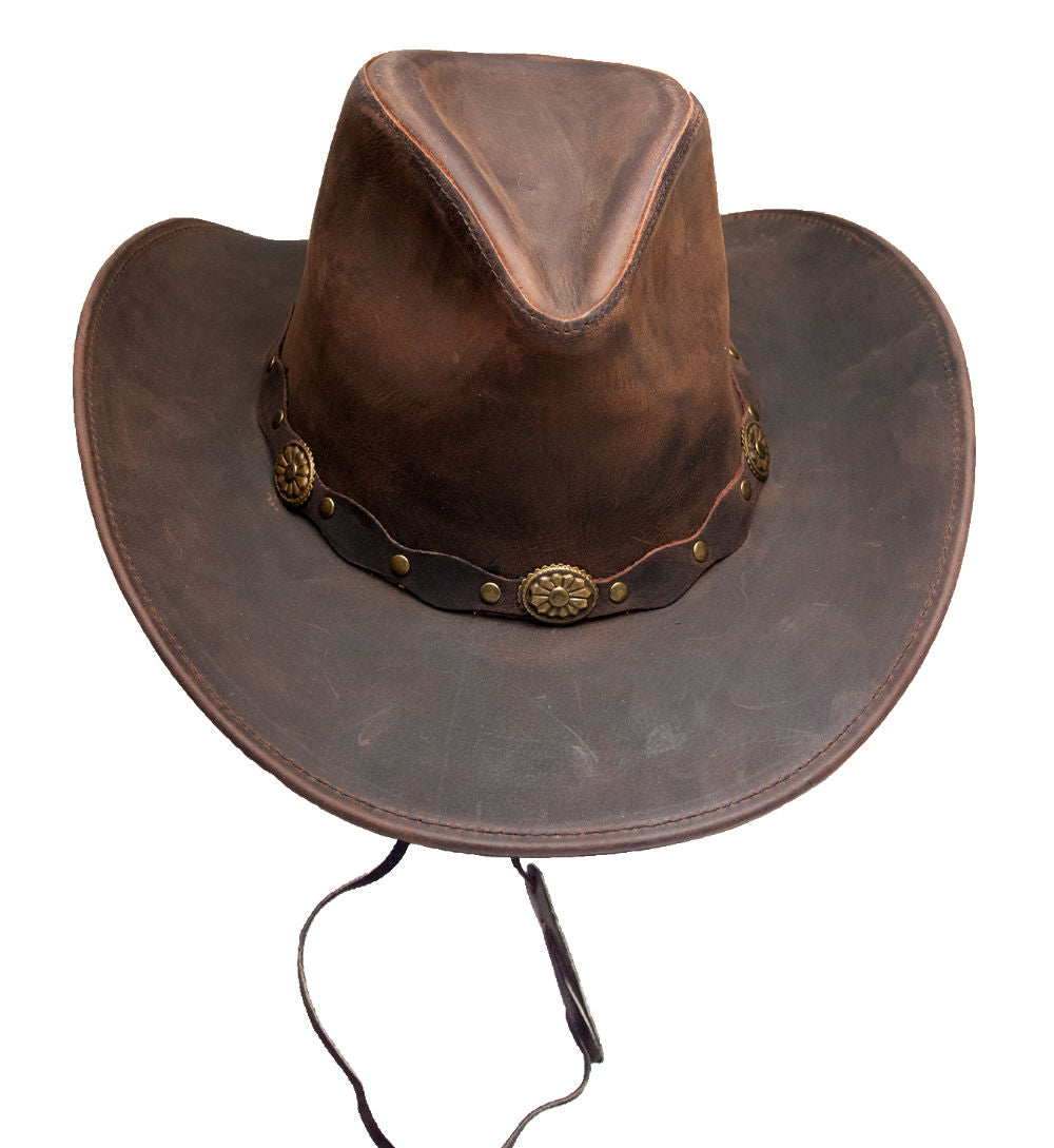 Brauner Lederhut mit Kinnband, Lederhutband mit Concho