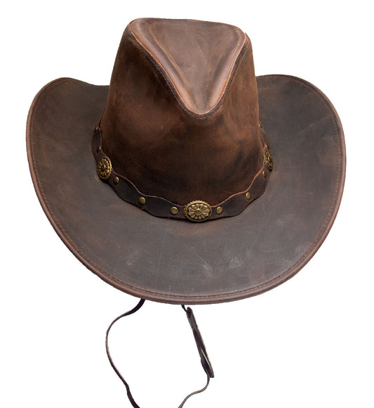 Brauner Lederhut mit Kinnband, Lederhutband mit Concho