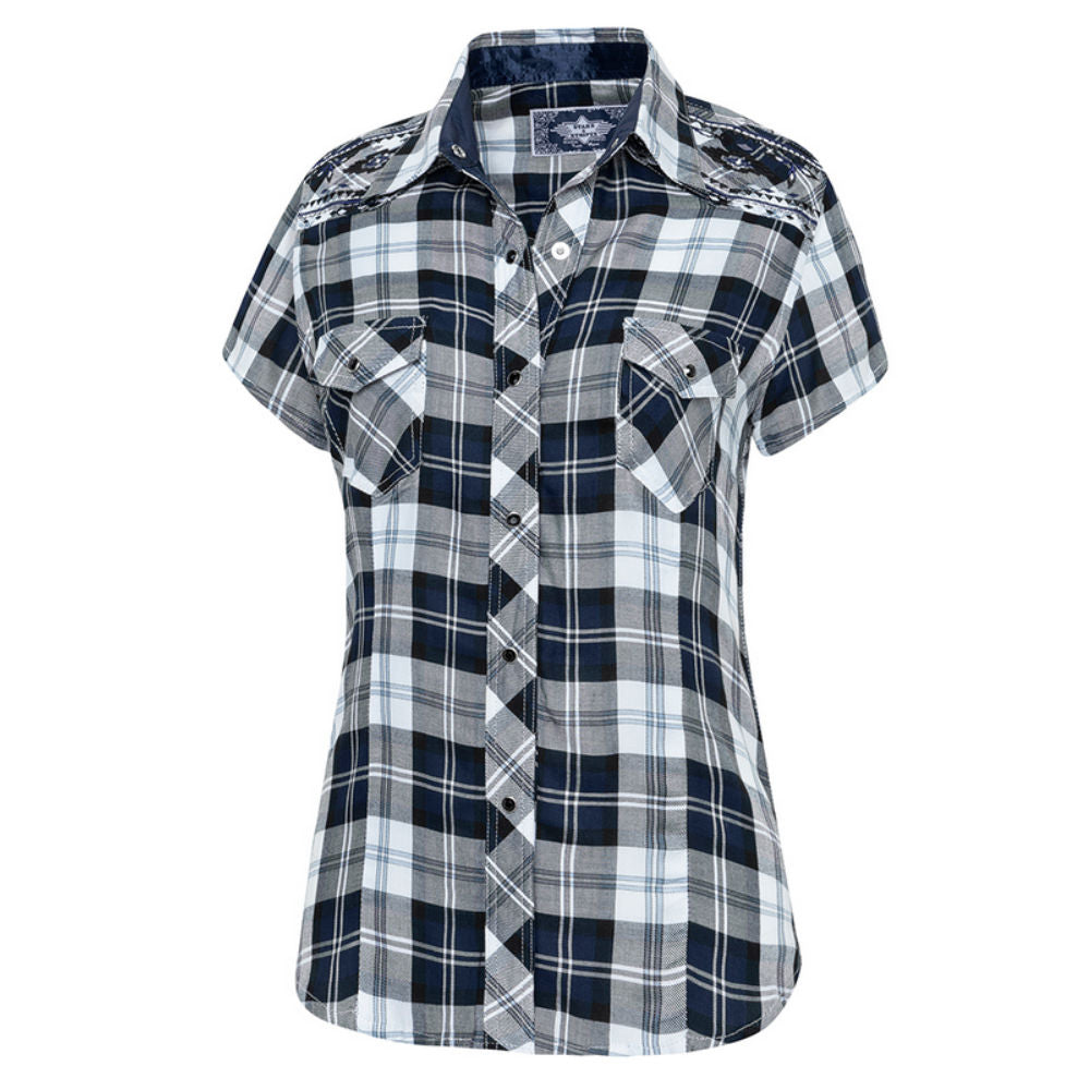 Kurzarmbluse, Westernbluse - Pasadena Blue - mit Stickerei