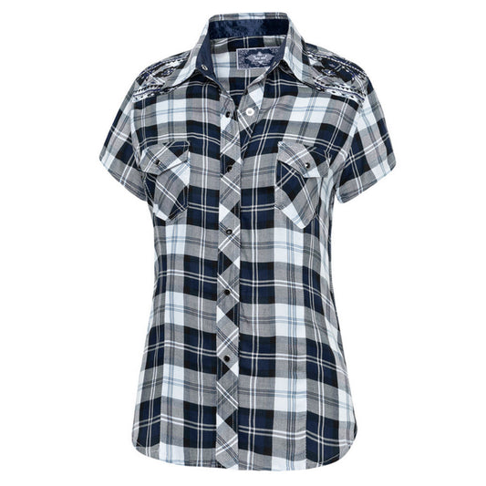 Kurzarmbluse, Westernbluse - Pasadena Blue - mit Stickerei