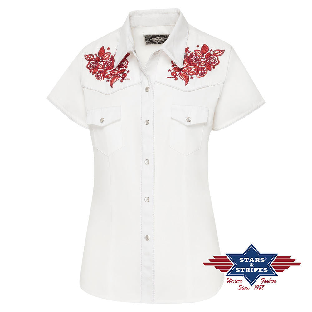 Aufwendig bestickte Kurzarm Westernbluse mit Westernpasse