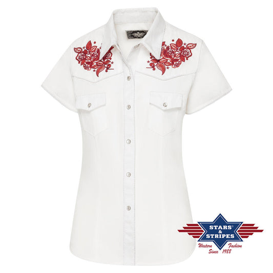 Aufwendig bestickte Kurzarm Westernbluse mit Westernpasse
