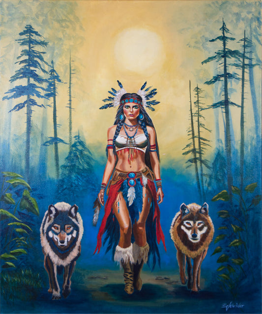 Acrylgemälde Indianerin mit Wölfen, 90 x 110cm (Original verkauft)
