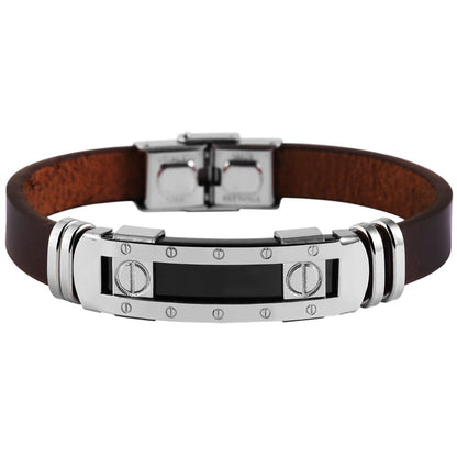 Herren Lederarmband "Akun" mit Schrauben-Details & Gravurplatte – 22 cm Echtleder