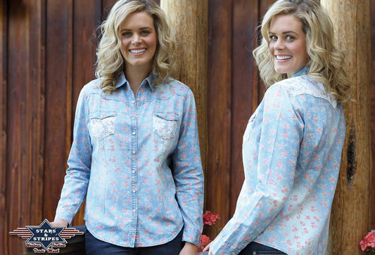 Langarm Damenbluse Jeansbluse im Westernstyle blau Blümchendruck u. Spitze