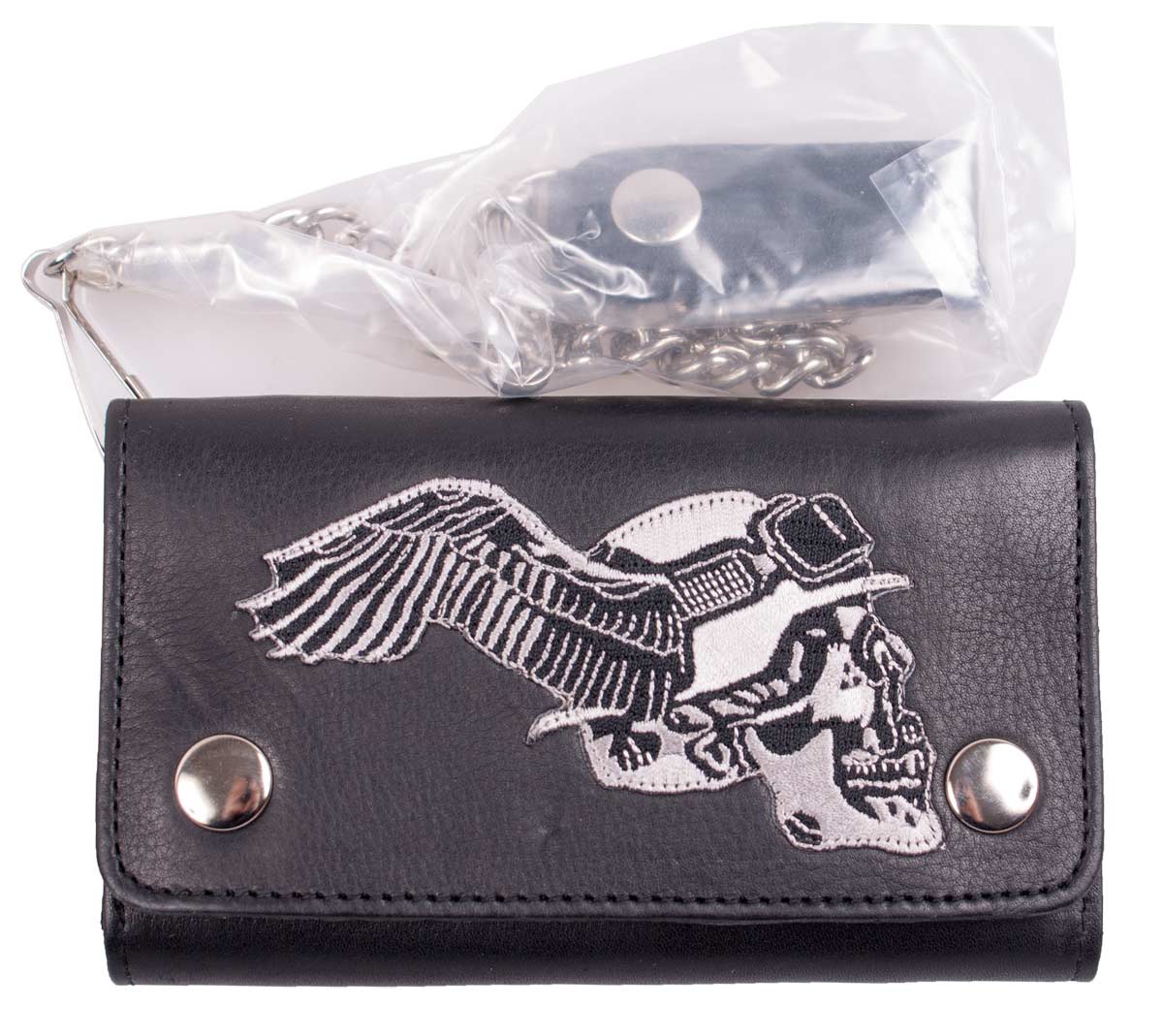 Biker,Trucker Wallet, Geldbörse mit Skull-Flügel Applikation,  Rindsleder schwarz