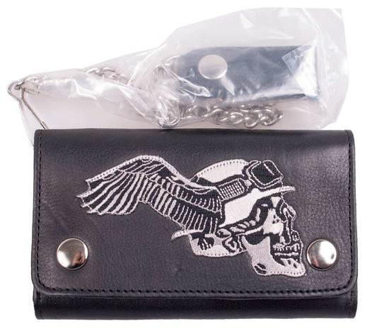 Biker,Trucker Wallet, Geldbörse mit Skull-Flügel Applikation,  Rindsleder schwarz