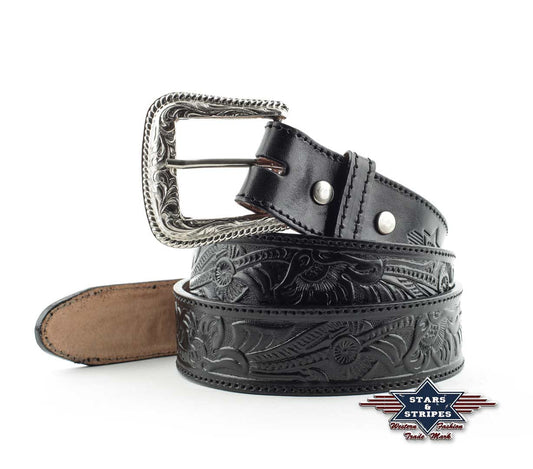 Herren Ledergürtel Westerngürtel Guertel schwarz Prägung WG-42 Stars&Stripes