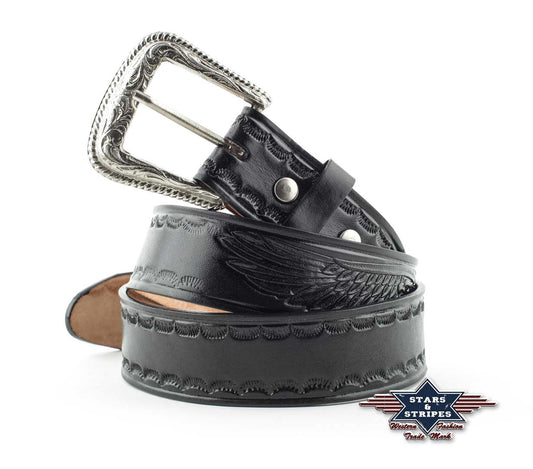Schwarzer Ledergürtel Herrengürtel Westerngürtel Adlermotiv/Flechtung Stars&Stripes