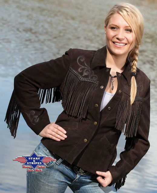 Damen Lederjacke, Fransenjacke Westernjacke Bikerjacke Rindsvelour Stars&Stripes