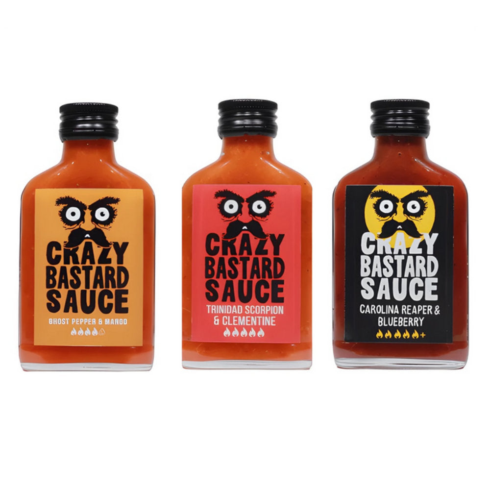 Crazy Bastard 3 Sauce Set – Ghost Pepper & Mango, Trinidad Scorpion & Clementine, Carolina Reaper & Blueberry
