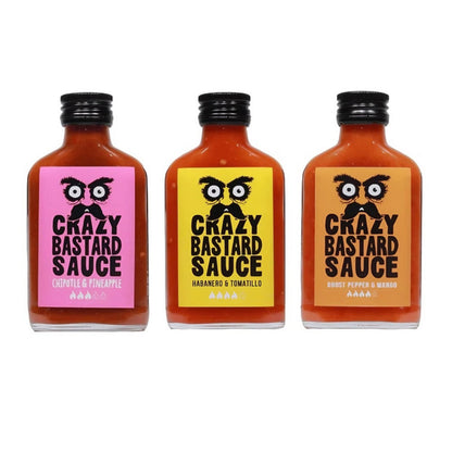 Crazy Bastard 3 Sauce Set – Habanero & Tomatillo, Chipotle & Pineapple, Ghost Pepper & Mango