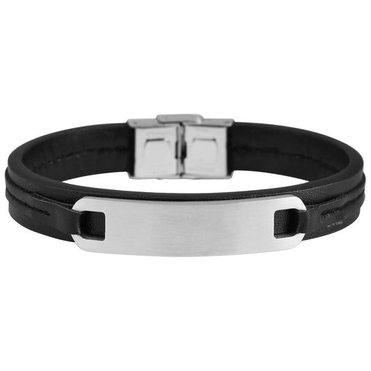 Herren Lederarmband Schwarz mit Matt-Edelstahl – Gravurplatte & Hakenverschluss