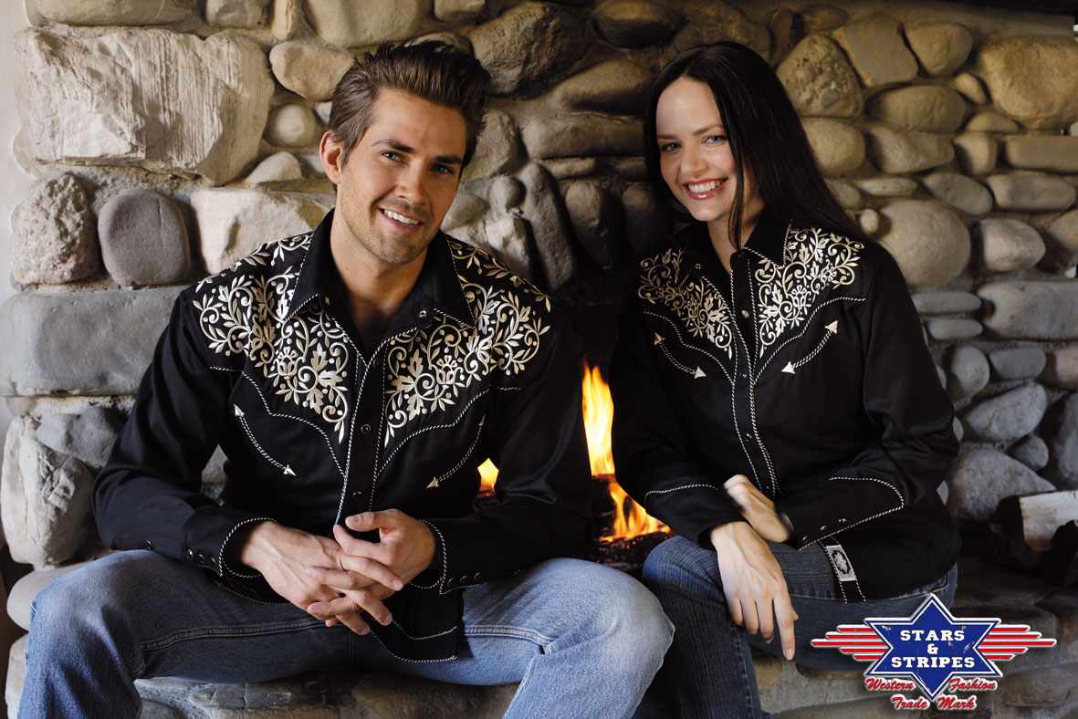 Westernbluse Damenbluse Holly v. Stars&Stripes schwarz mit Stickerei