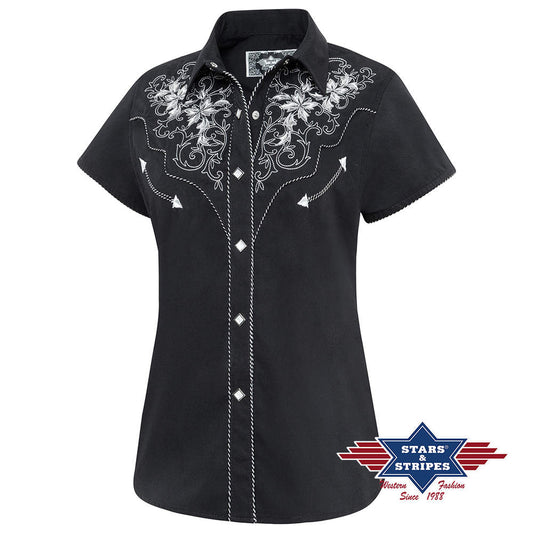 Damen Bluse Westernbluse Isabel mit Stickerei, schwarz