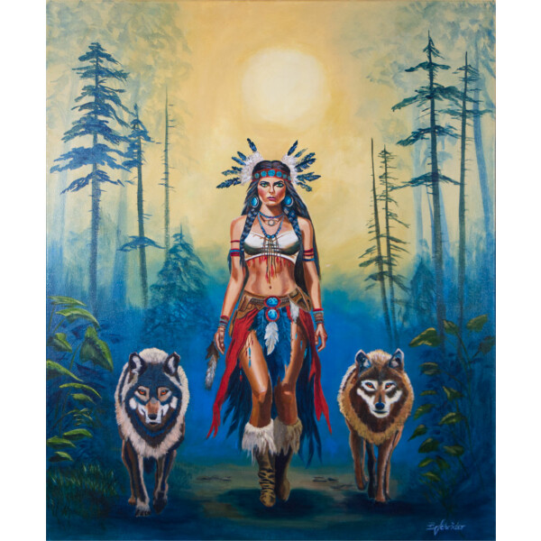 Acrylgemälde Indianerin mit Wölfen, 90 x 110cm