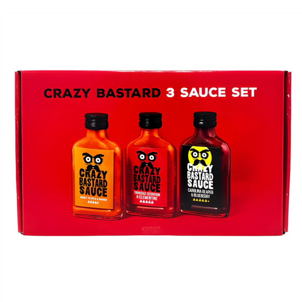 Crazy Bastard 3 Sauce Set – Ghost Pepper & Mango, Trinidad Scorpion & Clementine, Carolina Reaper & Blueberry