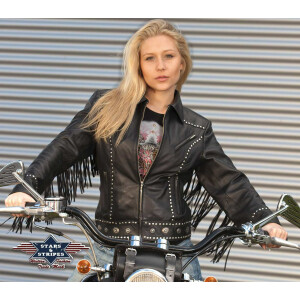 Damen Bikerjacke Lederjacke Fransenjacke "Brooklyn" Lammnappa schwarz Stars&Stripes Größe 3XL