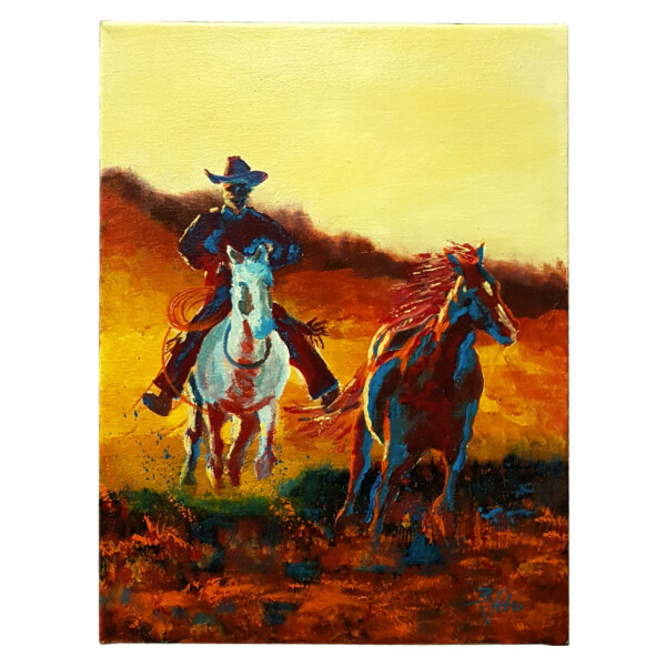 Cowboy Pferde Natur Landschaft - Handgemaltes Acrylgemälde